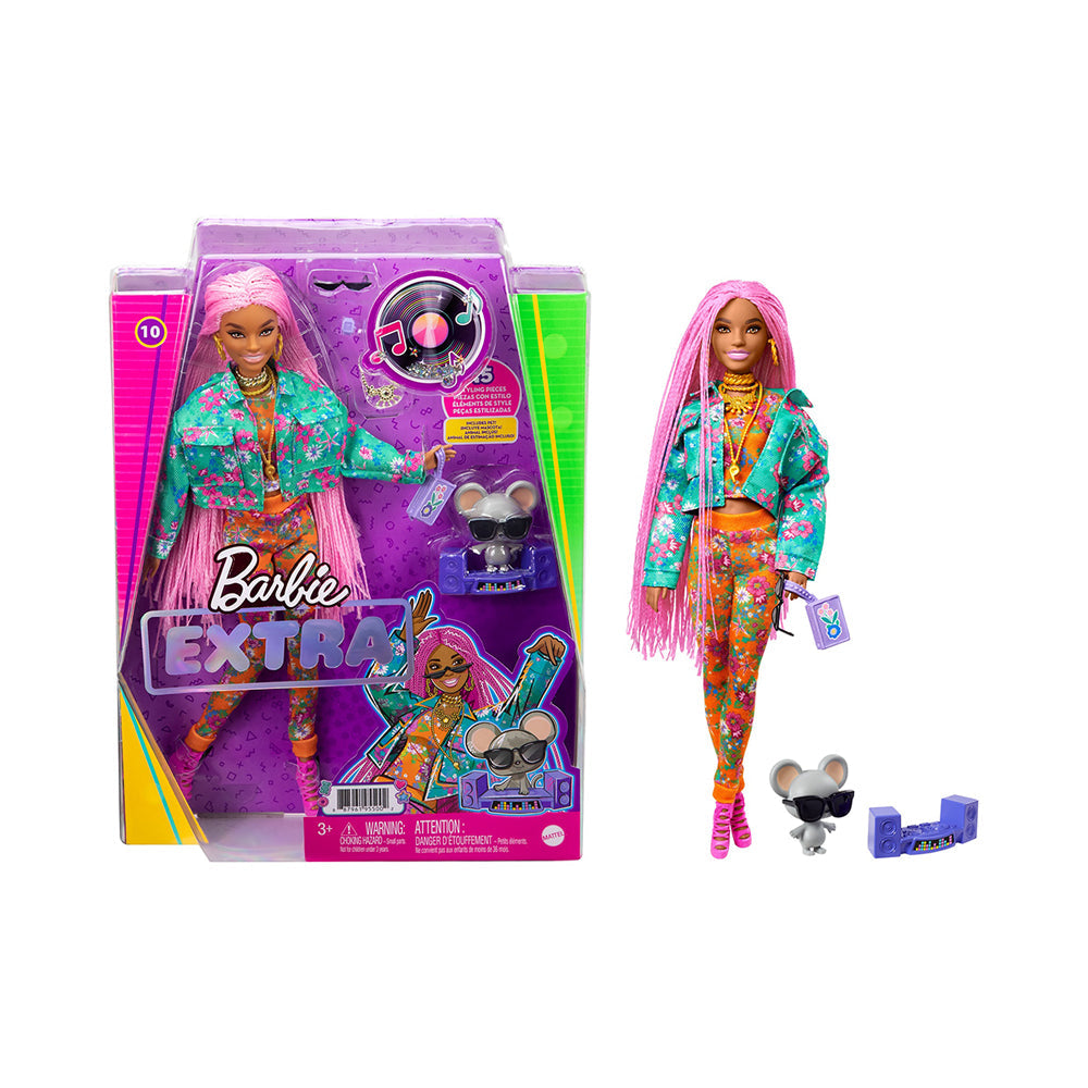 Barbie Extra Doll #10 in Floral-Print Jacket with DJ Mouse Pet