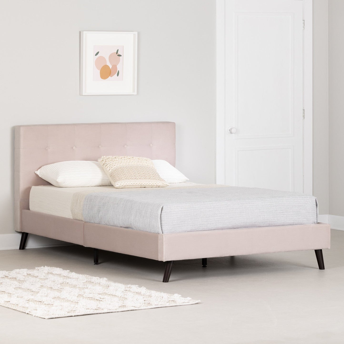 Dylane Upholstered Platform Full Bed and Headboard - Pale Pink|Tête de lit et lit double plateforme Dylane rembourrés - rose pâle