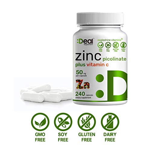 Zinc Picolinate 50mg, 240 Capsules, 8 Months Supply, Zinc with Vitamin C, Immune Booster Zinc for Adults and Zinc for Kids - Advanced Vitamin C Zinc Supplements (240 Capsules)