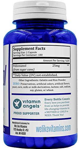 Policosanol 25mg - 180 Capsules - Policosanol Supplement for Cholesterol Support Made from Natural Sugar Cane Also Helps Support Circulation