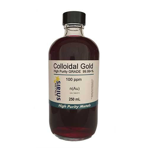 99.99+% Pure True Colloidal Gold  250 mL of 100 ppm in Clear Glass Bottle w/phenolic Cap