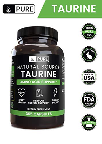 100% Pure Taurine, 365 Capsules, 3-Month Supply, 1120mg, No Magnesium or Rice Fillers, Gluten-Free, Non-GMO, Made in The USA, Potent, Undiluted Taurine with No Additives