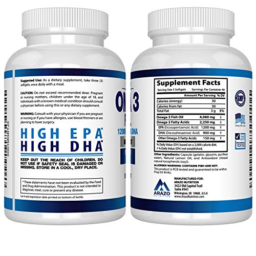 Omega 3 Fish Oil 4,080mg - High EPA 1200mg + DHA 900mg Triple Strength Burpless Capsules - Arazo Nutrition (120 Count)