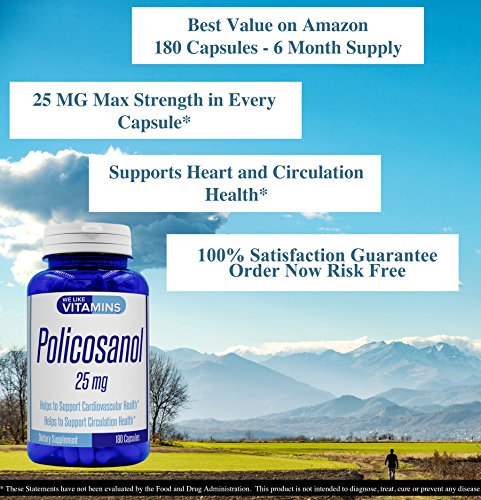 Policosanol 25mg - 180 Capsules - Policosanol Supplement for Cholesterol Support Made from Natural Sugar Cane Also Helps Support Circulation