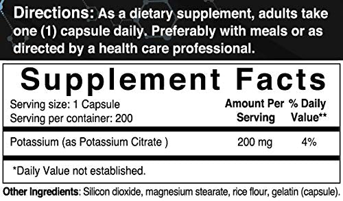 Maximum Strength Potassium Citrate Capsules, 200mg, 200 Counts, Strongly Support Vascular Health, No GMOs and Made in USA