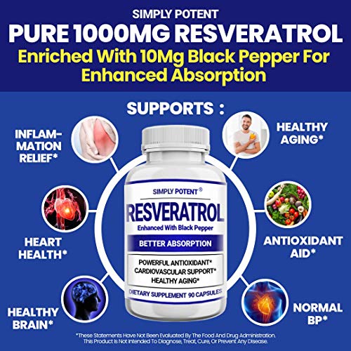 Resveratrol 1000mg Supplement, Trans Resveratrol 500mg, Resveratrol Enhanced with Black Pepper for Max Absorption, Powerful Antioxidant & Anti-Aging Pills for Heart, Immune & Skin Health, 90 Capsules