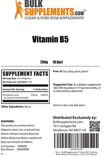 BulkSupplements.com Vitamin B5 Calcium Pantothenate/Pantothenic Acid - Pantothenic Acid 500mg - Acne Supplements - Clear Skin Vitamins (250 Grams)