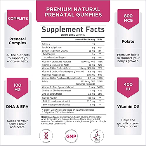 Prenatal Gummies with Folic Acid and DHA - Pregnancy Wellness Support for Mom & Baby with Biotin, Folate, Vitamin A, C, D3, B6, B12, Calcium, Zinc, Pregnancy Blend, Natural, Non-GMO - 60 Gummies