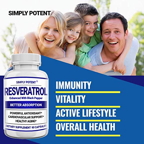 Resveratrol 1000mg Supplement, Trans Resveratrol 500mg, Resveratrol Enhanced with Black Pepper for Max Absorption, Powerful Antioxidant & Anti-Aging Pills for Heart, Immune & Skin Health, 90 Capsules