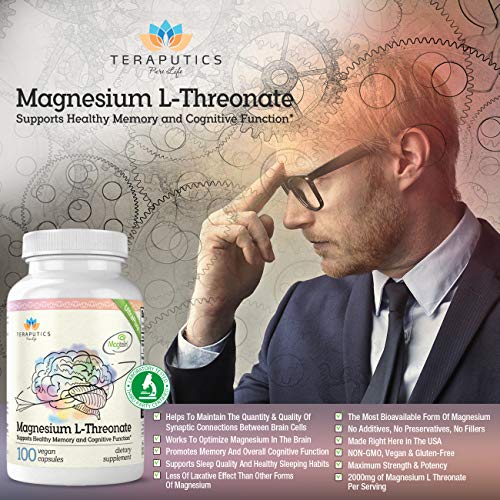 Magnesium L Threonate (Magtein) - The Best Non-GMO Highly Absorptive Pure Magnesium Supplement - 2000 mg - 100 Vegan Capsules - A Vitamin for Cognition & Sleep - Pills are Without Laxative Properties