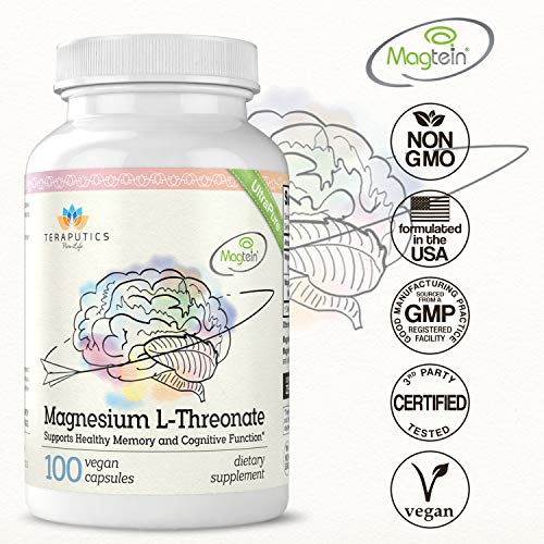 Magnesium L Threonate (Magtein) - The Best Non-GMO Highly Absorptive Pure Magnesium Supplement - 2000 mg - 100 Vegan Capsules - A Vitamin for Cognition & Sleep - Pills are Without Laxative Properties