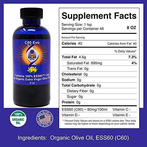 C60 EVO Organic Olive Oil - Pure C60 ESS60 to Support Joint Pain, Flexibility, Energy, Immunity, Great Sleep Aid - 8 oz