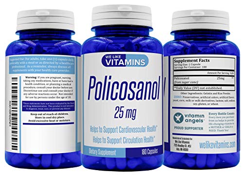 Policosanol 25mg - 180 Capsules - Policosanol Supplement for Cholesterol Support Made from Natural Sugar Cane Also Helps Support Circulation