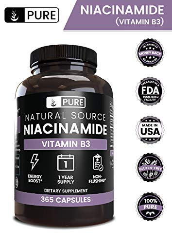 Pure Niacinamide (Vitamin B3), 1-Year Supply, 365 Capsules, No Magnesium Filler, Gluten-Free, No Flush, Made in The USA, 500 mg Natural & Undiluted Niacinamide (Vitamin B3)