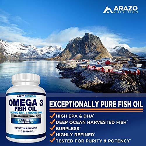 Omega 3 Fish Oil 4,080mg - High EPA 1200mg + DHA 900mg Triple Strength Burpless Capsules - Arazo Nutrition (120 Count)