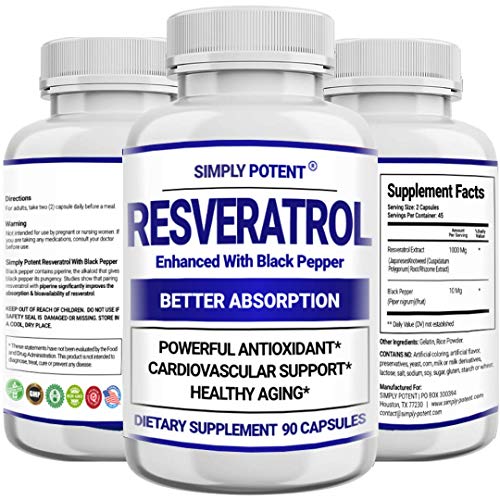 Resveratrol 1000mg Supplement, Trans Resveratrol 500mg, Resveratrol Enhanced with Black Pepper for Max Absorption, Powerful Antioxidant & Anti-Aging Pills for Heart, Immune & Skin Health, 90 Capsules