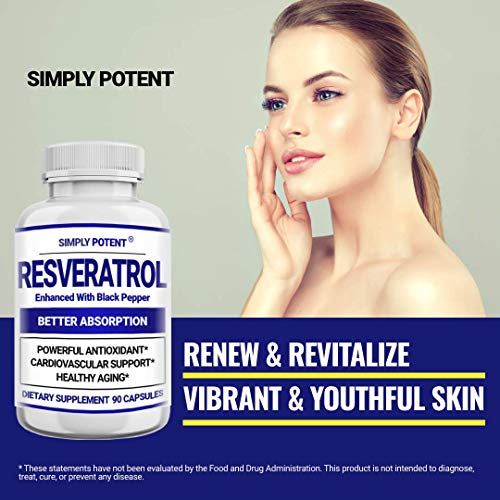 Resveratrol 1000mg Supplement, Trans Resveratrol 500mg, Resveratrol Enhanced with Black Pepper for Max Absorption, Powerful Antioxidant & Anti-Aging Pills for Heart, Immune & Skin Health, 90 Capsules