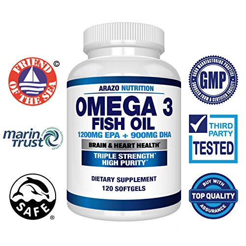 Omega 3 Fish Oil 4,080mg - High EPA 1200mg + DHA 900mg Triple Strength Burpless Capsules - Arazo Nutrition (120 Count)