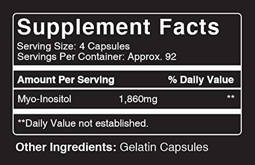 100% Pure Myo-Inositol, 365 Capsules, 3-Month Supply, No Additives or Magnesium Stearate Fillers, 1860 mg Undiluted Vitamin B8 Powder per Serving, Made in The USA