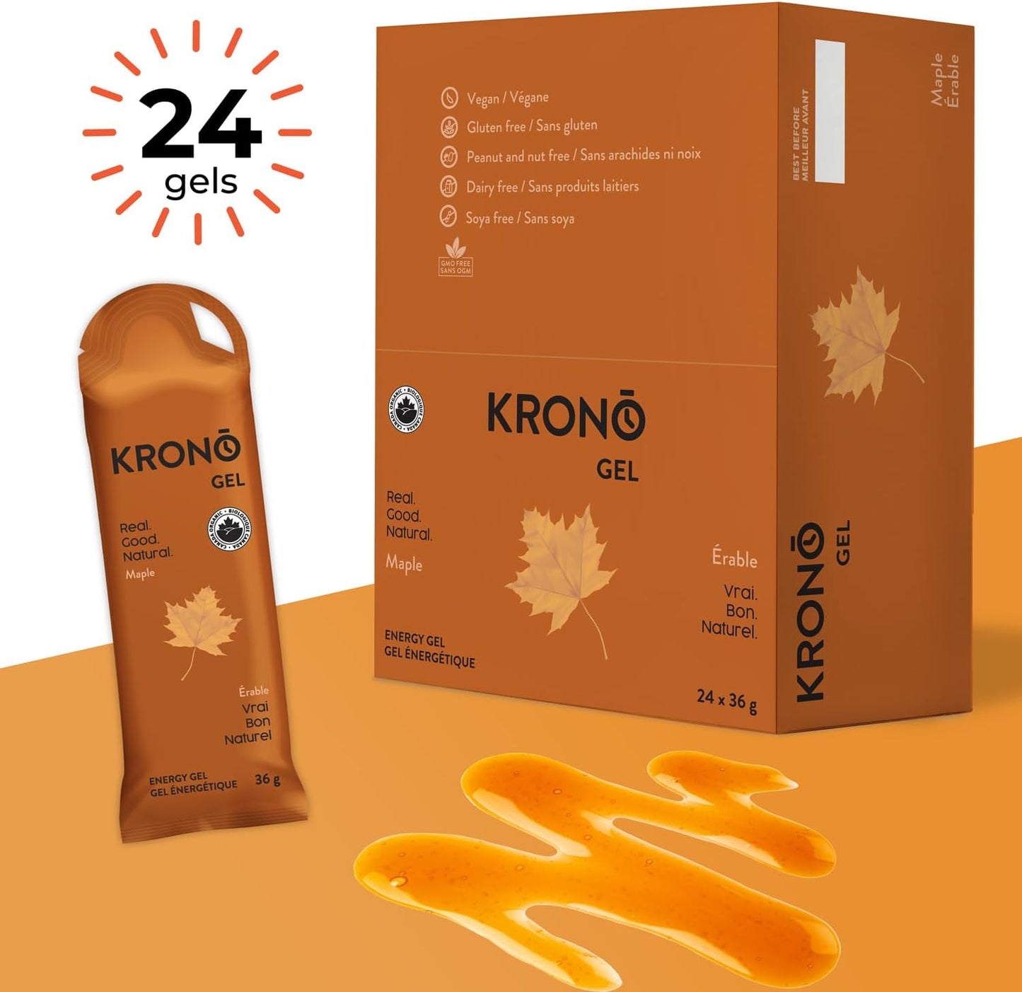 Krono Nutrition Energy Gel - Sports Nutrition - Made with Natural Ingredients - 25 mg caffeine - 24 gels (Maple & Coffee)