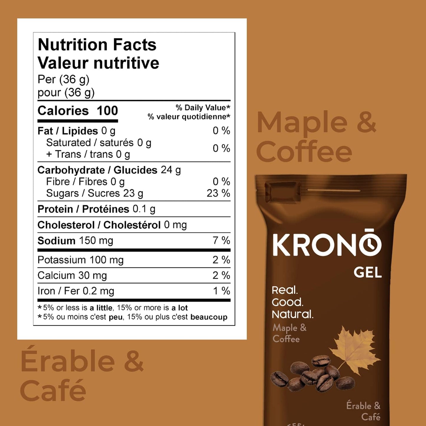 Krono Nutrition Energy Gel - Sports Nutrition - Made with Natural Ingredients - 25 mg caffeine - 24 gels (Maple & Coffee)