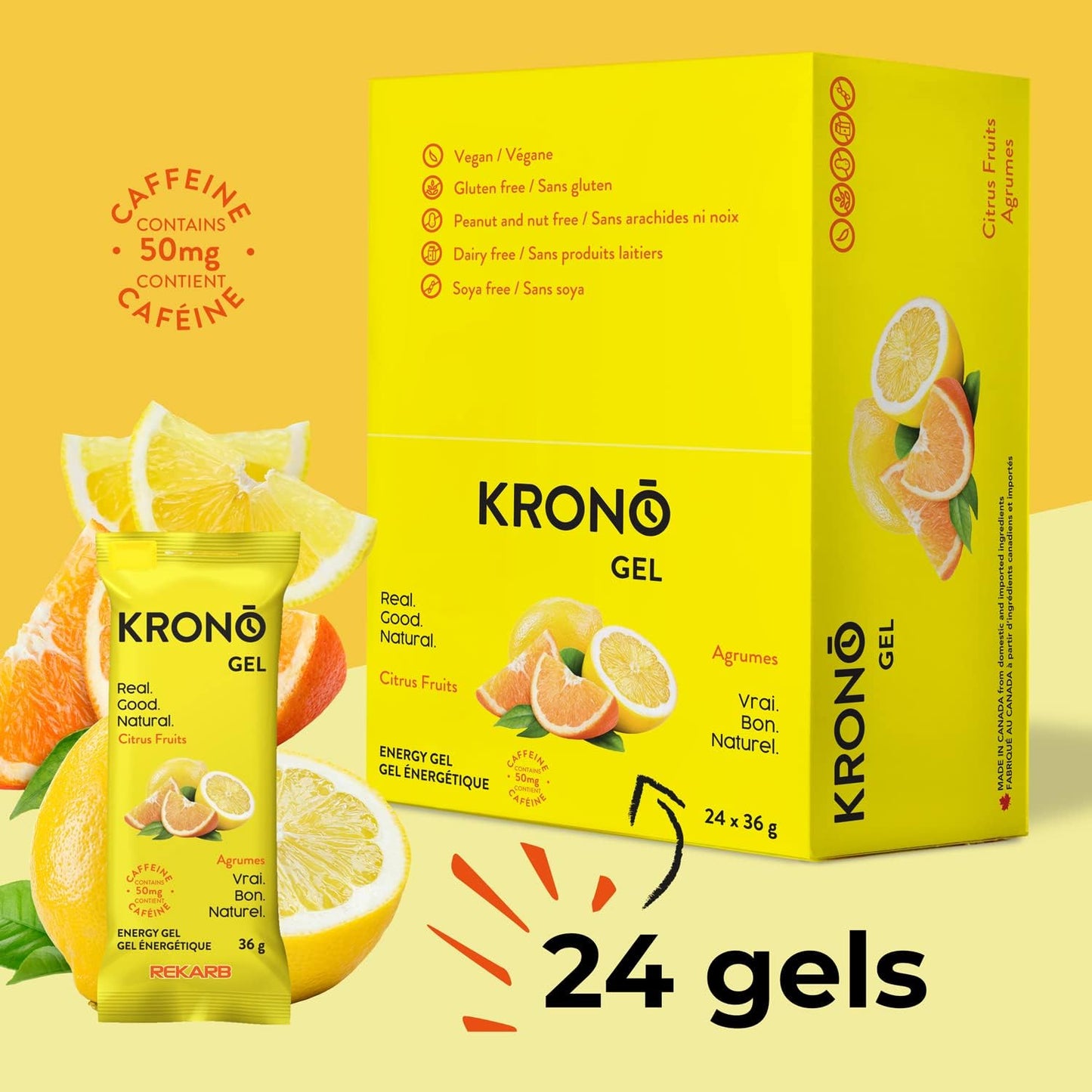 Krono Nutrition Energy Gel - Sports Nutrition - Made with Natural Ingredients - 25 mg caffeine - 24 gels (Maple & Coffee)