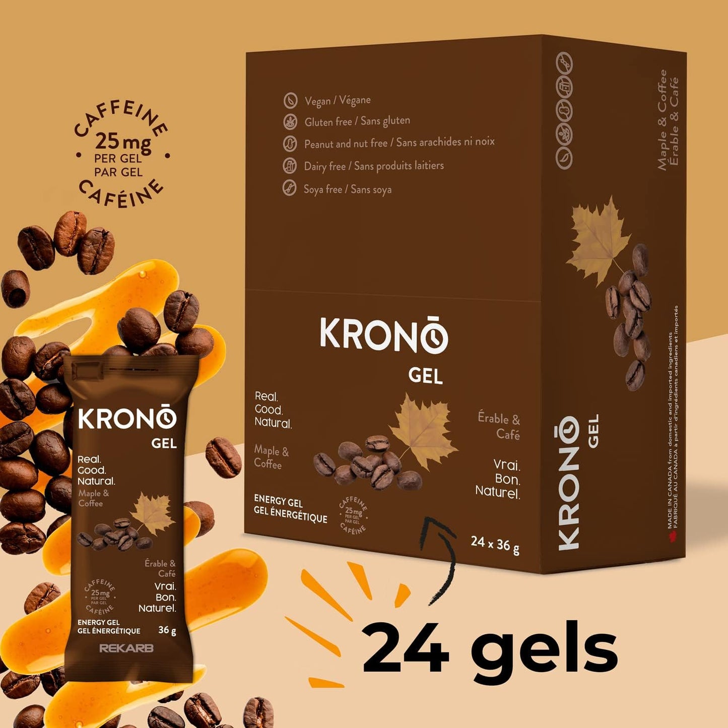 Krono Nutrition Energy Gel - Sports Nutrition - Made with Natural Ingredients - 25 mg caffeine - 24 gels (Maple & Coffee)