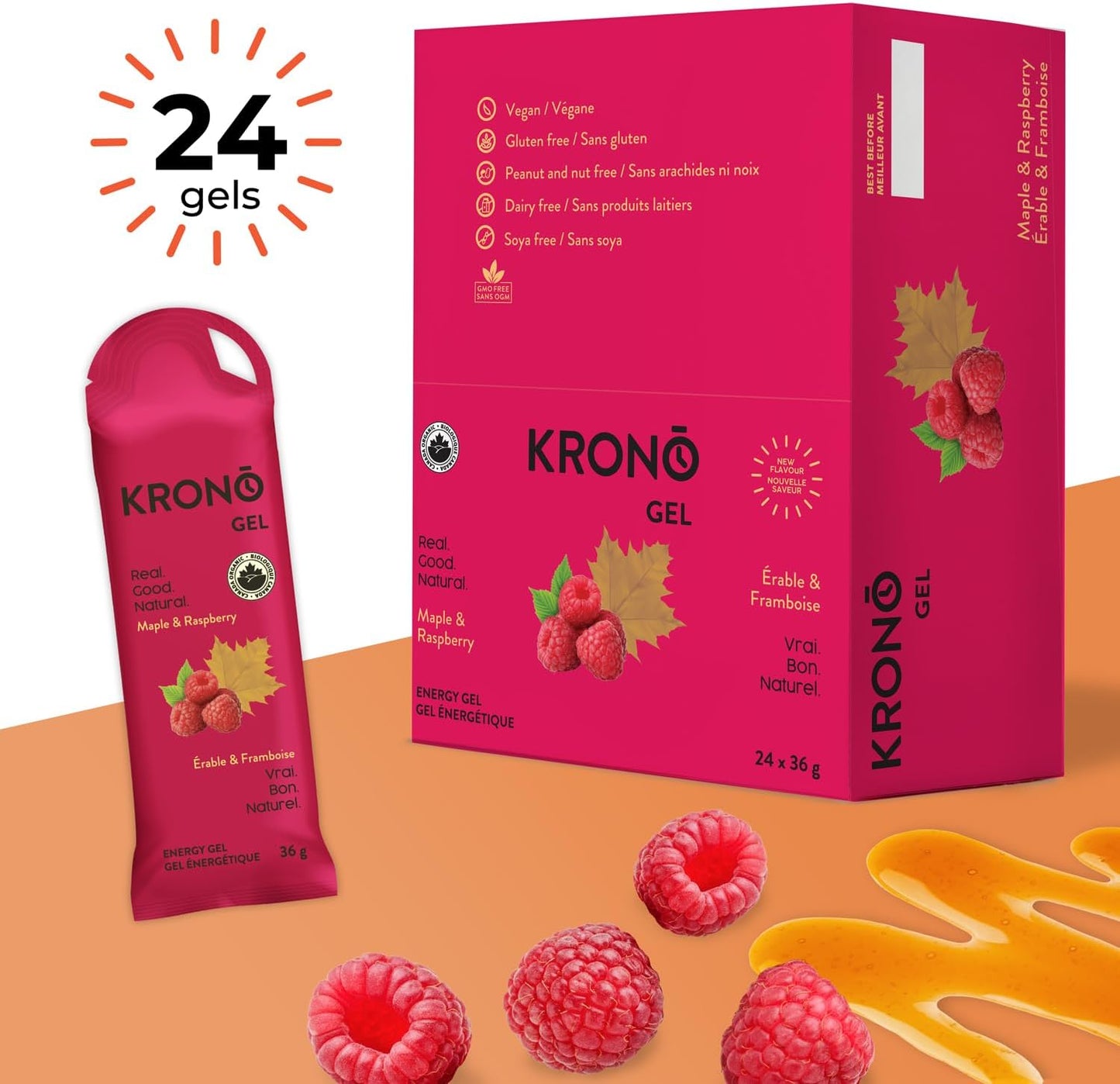 Krono Nutrition Energy Gel - Sports Nutrition - Made with Natural Ingredients - 25 mg caffeine - 24 gels (Maple & Coffee)