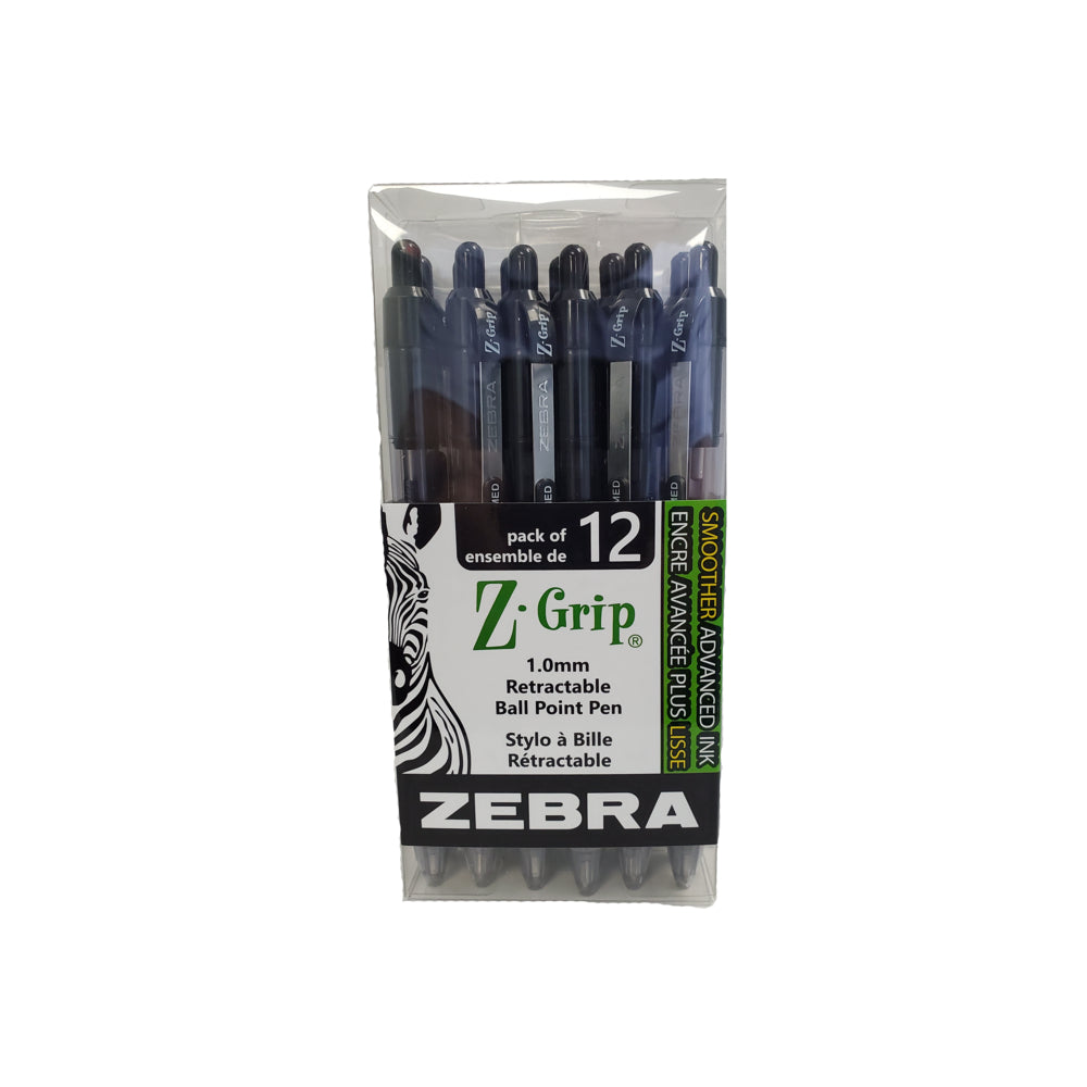 Zebra Z-Grip Retractable Ball Point Pens, Black, 12 Pack (22291)