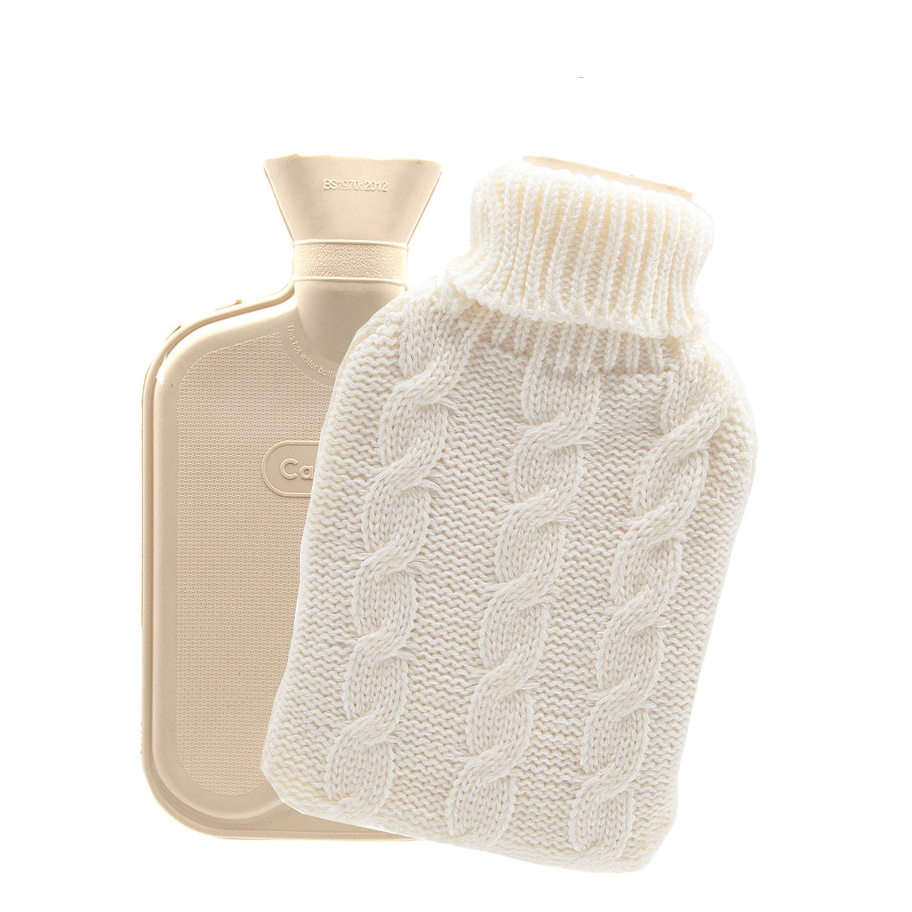 Cassandra Hot Water Bottle with Chunky Knit Cream Cover. 1.8 Litre.