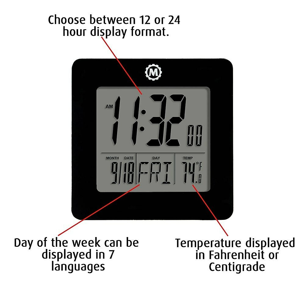 Marathon Digital Desktop Clock with Day, Date, Temperature, Alarm and Backlight, Black (CL030050BK)